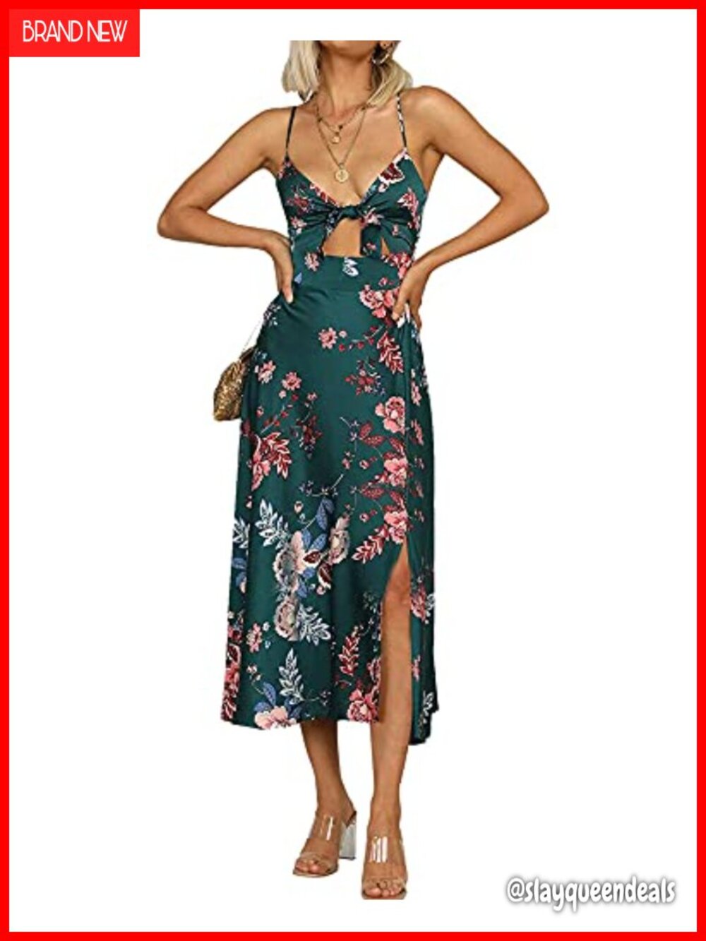 Women's Spaghetti Strap Midi Satin Dress Floral Cutout Slit
